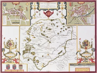 Rutlandshire mit Oukham und Stanford, graviert von Jodocus Hondius aus John Speed